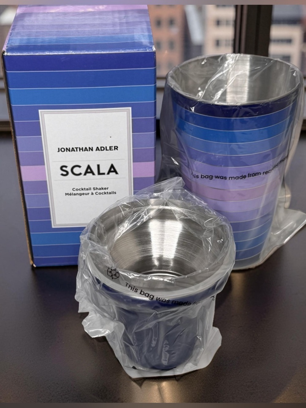 Jonathan Adler Striped Blue Gradient Cocktail Shaker MSRP 180$ men’s gift